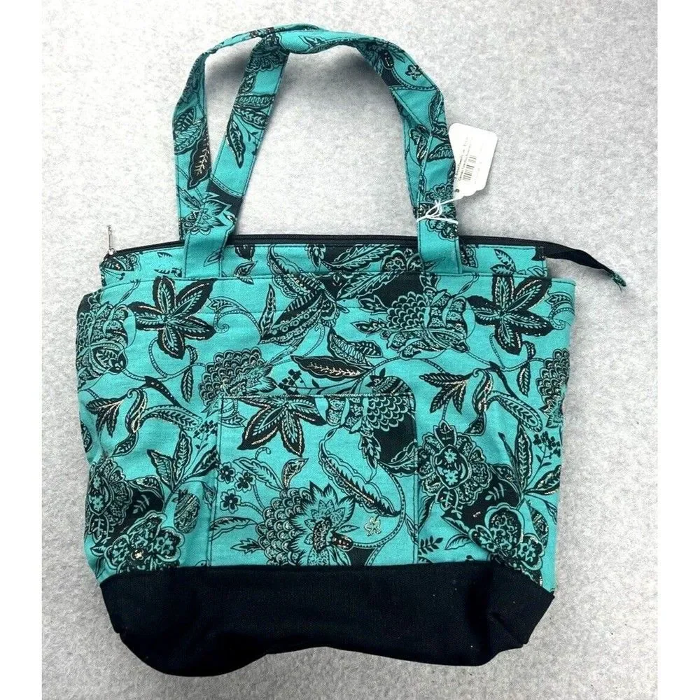 Mings Blue Black Floral Shoulder Tote Bag Boho Tropical Carryall NWT